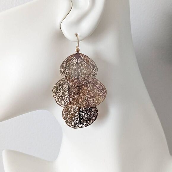 Gold Leaf Filagree Dangle Layered Earrings - Picture 1 of 4